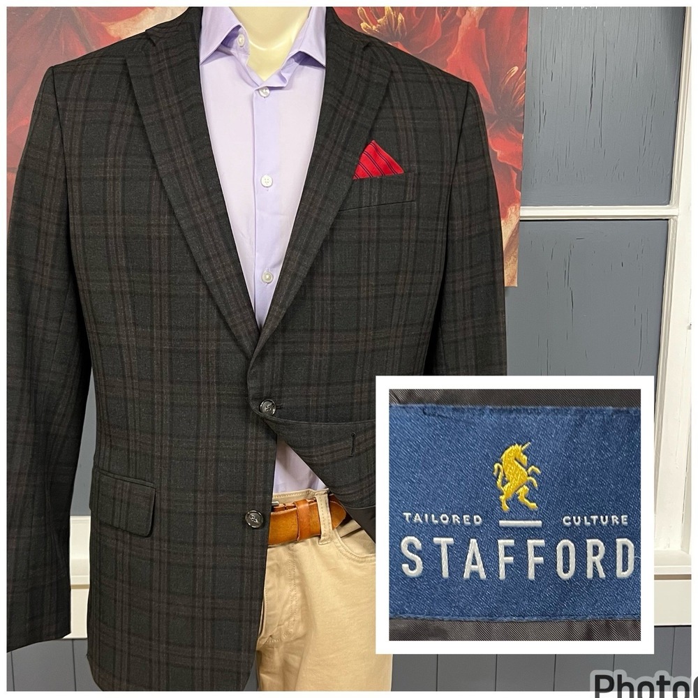 Stafford Blazer Jacket‎ Sport Coat Mens 44R Polyester Blend Stretch Brown Jersey